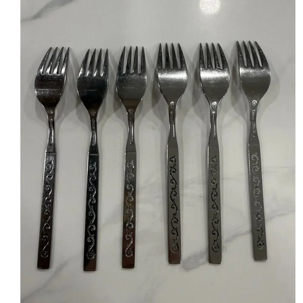 VINTAGE Oneida Spanish Court Salad Forks Set of 6 Stainless Black Scroll MCM